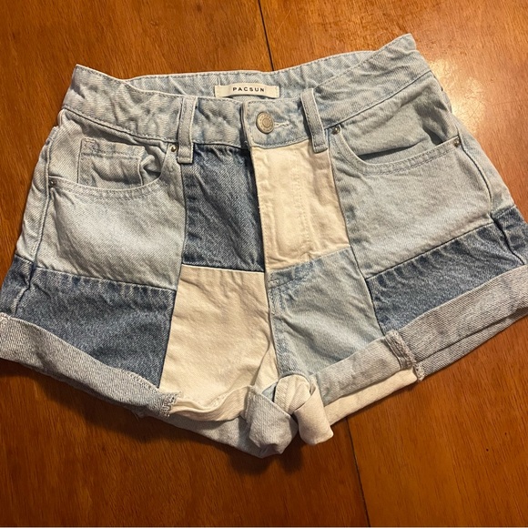 PacSun Women's Patchwork Jean Shorts - Blue and White Size 23 Mom Shorts - Picture 1 of 7